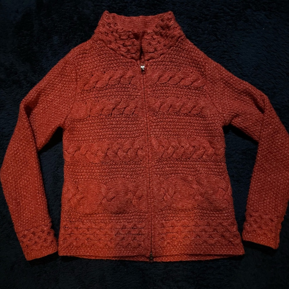 Women's Red Orange Knit Zip-Up Sweater